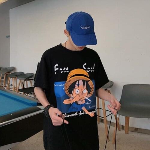 One piece print new summer t-shirt mens loose student hip hop trend couples 5-sleeve