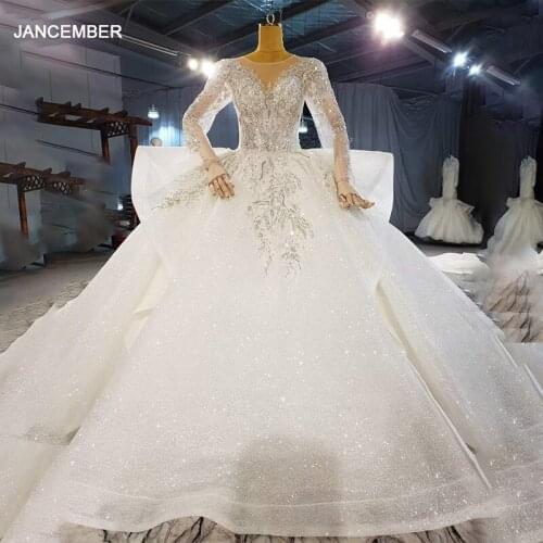 HTL2045 Ball-Gown Beaded Crystal Luxury Sequined Bow Wedding Dress 2021 Long Sleeve V-Neck Lace Up Back