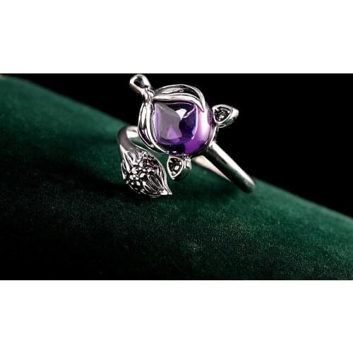 Cute Female Small Fox Animal Ring 100% Real Sterling Silver Wedding Ring Purple Amethyst Open Engagement Rings For Women