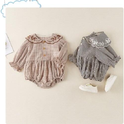 2021 Autumn Baby Girls Embroidery Flower Romper For Newborn Infant Jumpsuit Plaid Princess Kids Baby Clothes Long Sleeve Cotton