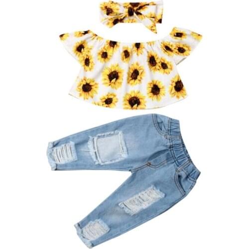 Toddler Kids Summer Outfit Clothes Set Children Baby Girl Floral Off Shoulder Shirt Tops+ Jeans Pants 3PCS Sunsuit Clothes Set