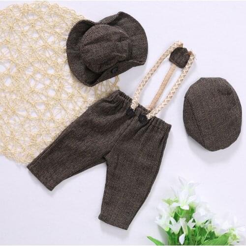 Long Pants and 2 Style Hats Set Accessories for Newborn Photography Props Plaid Costume Infant Baby Boy Little Gentleman Outfit