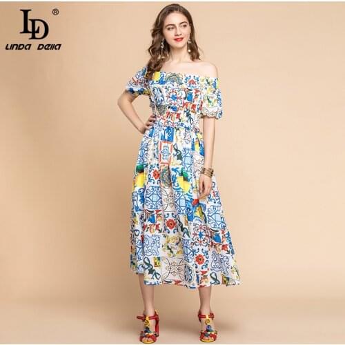 LD LINDA DELLA Summer Fashion Designer Plus size Dress Womens elastic Waist Flower Print holidays Party Beautiful Midi Dress