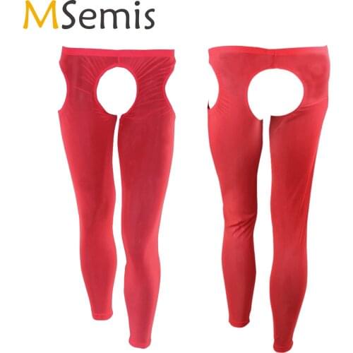 MSemis BDSM Sexy Pants Mens Open Crotch Buttock Leggings Hot Pants Trousers Gay Fetish See Through Sheer Mesh Lingerie Underwear