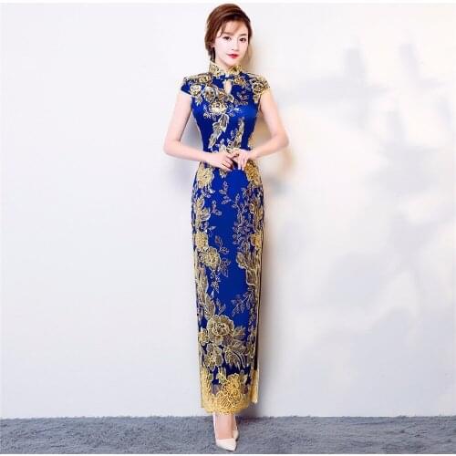 Shanghai Story new arrival High Split chinese style cheongsam dress long fashion design Sequins lace embroidered