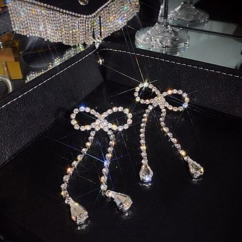 New Trendy Shiny Crystal Bowknot Dangle Earrings For Women Girls Elegant Long Tassel Earring Fashion Jewelry