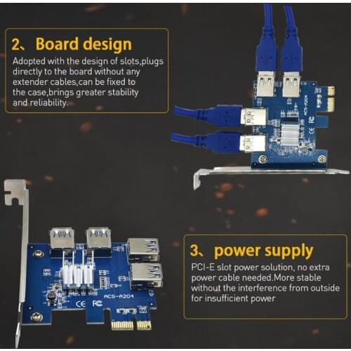 PCI E 1 to 4 PCIE Riser Card Adapter PCIE Riser USB 3.0 Extension Cord Adapter Card For BTC Mining Expansion Riser Card
