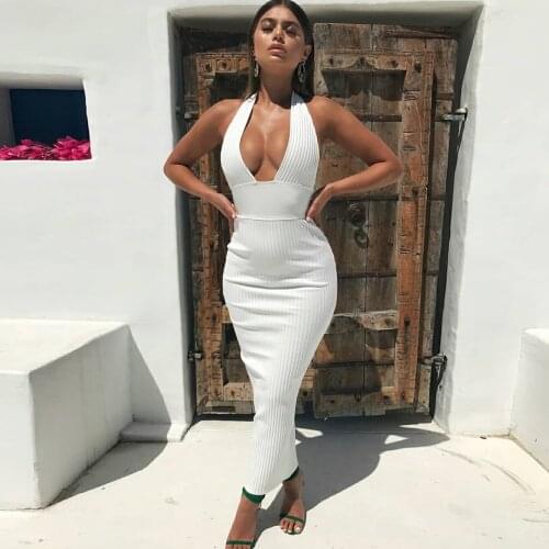 Flattering White Halter Tight Waist Bandage Dress Deep V Neck Sleeveless Off Shoulder Ribbed Knit Maxi Sheath Dress