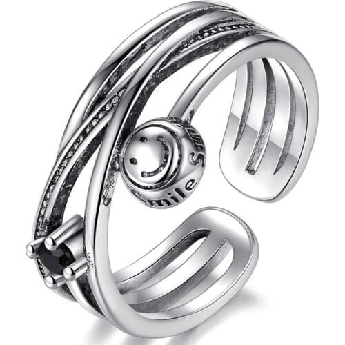 Smiling Face Vintage Punk Adjustable Thai Silver Color Ring For Women Mens Korean Fashion Simple Tibetan Jewelry Gifts S-R2214