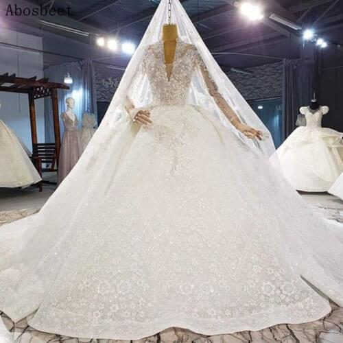 Luxury Style Sexy V Neck Long Sleeve Wedding Dress Puffy Gown Ivory Shining Lace Plus Size Robe Mariee Bridal Gown 150CM Train