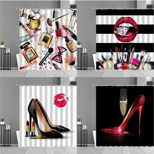 Sexy Red Lips Girl Creative Shower Curtains Cosmetics High-Heeled Pattern Fashion Waterproof Bath Curtain Girls Room Decor Gifts