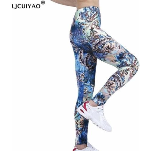 LJCUIYAO Sport Leggings Women Blue Graffiti Print Pants Workout Fitness Clothing Run New Gym Tights Stretch Sportswear Bottom