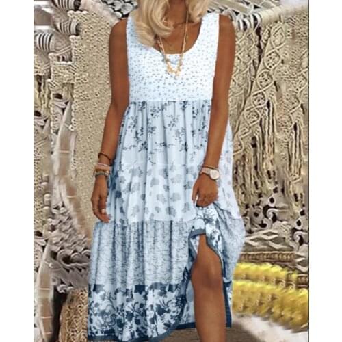Robe Femme Summer Dress Women Ruffles Patchwork O-Neck Sleeveless Flower Print Casual Loose Y2K Dress For Woman Vestido De Mujer