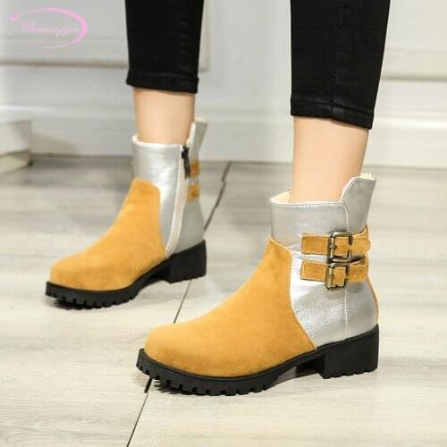 Party style round toe winter warm snow boots fashion glitter buckle zipper platform medium with chunky ankle boots womens shoes