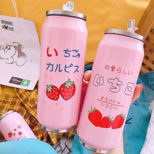 New 500ml Stainless Steel Thermos Bottle Cute Strawberry Vacuum Insulation Cup Portable Girl Fashion Water Bottle With Straw Lid