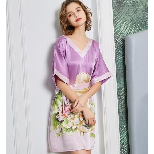 100% Silk Women Nightgown with Sash Lotus Flower Printing Elegant Half Sleeve Nightdress Street Summer Dress Nightie sp0152