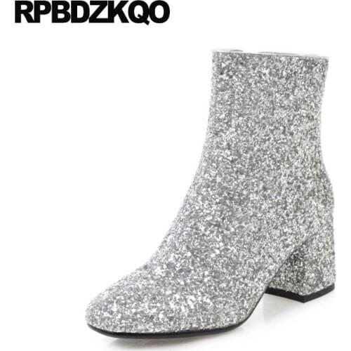 Women Boots Winter 2021 Shoes Big Size Wedding Glitter Bling Booties Ankle 11 High Heel Gold Chunky Silver Square Toe 10 Sequin