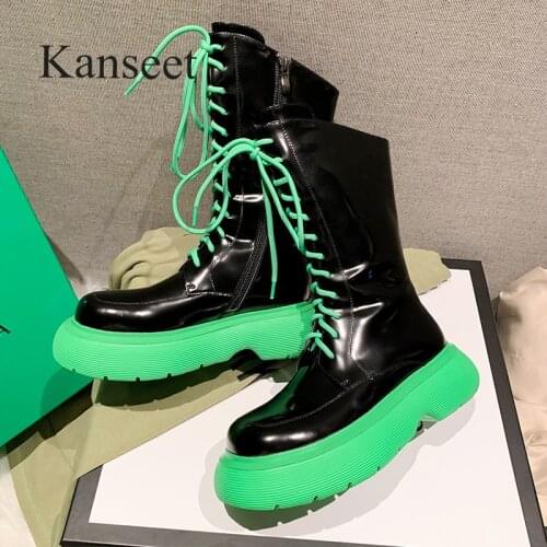 Kanseet Platform Women Mid-Calf Boots 2021 Autumn Winter New Round Toe Warm Chunky Heels Boots Zipper Mid Heels Shoes Black