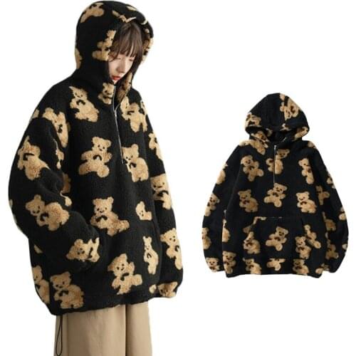 Women Winter Faux Fur Zipper Hoodies Cartoon Bear Print Fuzzy Warm Sweatshirt Harajuku Oversized Loose Top with Pocket