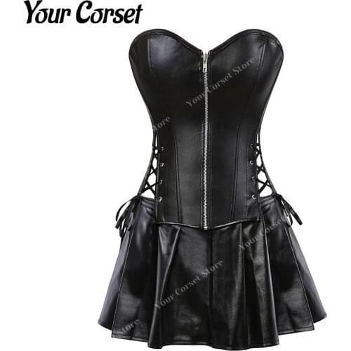 PU Leather Corset Top Mini Skrit Gothic Teampunk Dress Overbust Corset Skirt Set Faux Leather Corsets for Women Plus Size