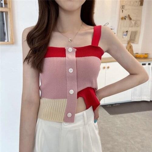 Square Neck Sleeveless Summer Crop Top Women Knitted Crop Button Up T Shirt Street Off Shoulder Cami Sexy Backless Sports Vest
