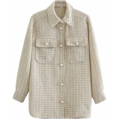 2020 Fall Womens New Lapel Long Sleeve Tweed Small Fragrant Style Jewelry Button Jacket Fashion Beige Plaid Shirt