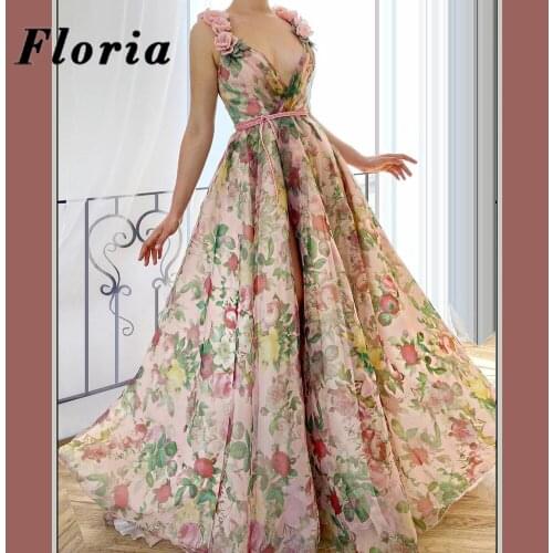 Robe De Soiree Flower Pattern Long Dress Dubai Chic High Side Split Evening Dresses Custom 2020 Arabic Islamic Women Party Gowns