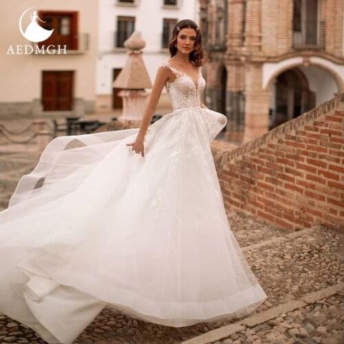Aedmgh A-Line Beach Wedding Dresses 2021 Sweetheart Sleeveless Vestido De Novia Lace Appliques Court Train Tulle Robe De Marige