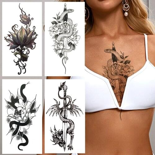 3D Sexy Snake Flower Temporary Tattoo For Women Men Black Dragon King Tattoos Sticker Lotus Sword Watertransfer Tatoo Chest Back