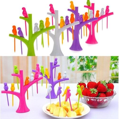 6 pcs +1 Stand Birds Tree Shape Fruits Fork Plastic Vegetable Fork Fruit Snack Dessert Forks Holder For Party