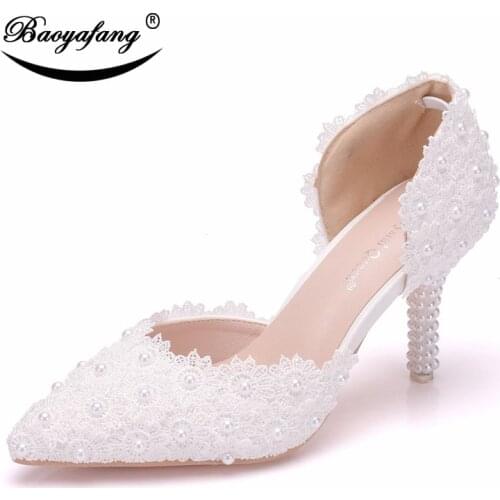 Bao Ya Fang Womens bridal shoes White pink lace pearl shoes Fashion Fine-heeled pointed sandals Sweet Hollow Two-piece Sandals