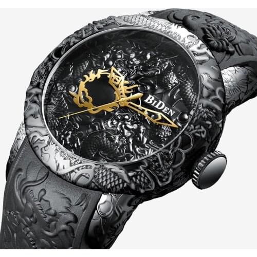 Luxury Men Gold Watch 3D Dragon Waterproof Stainless Steel Unique Creative Golden Males Wristwatch Rubber Strap Mens Gift