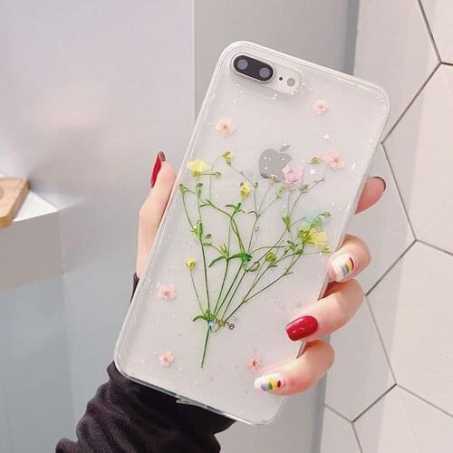 Real Flowers Dried Flower Case for iPhone 12 11 Pro XR XS MAX 7 8 Plus 6 6s Plus X Transparent Soft Handmade Floral Back Cover