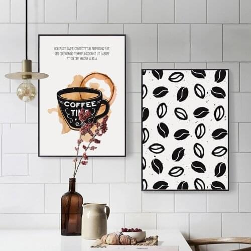 Black and White Coffee Cup Coffee Beans Poster Canvas Painting Wall Art Picture for Coffee Shop Modern Interior Home Decoration