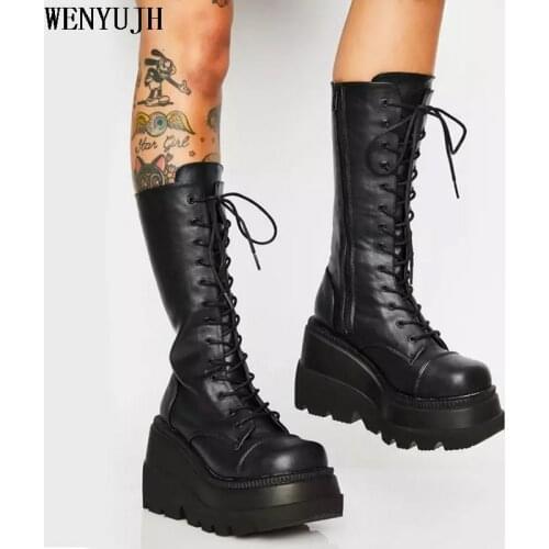 Black Gothic Style Cool Punk Motorcycles Boots Female Wedges High Heels Calf Platform Boots Women Goth Womans Shoe Plus Size 43