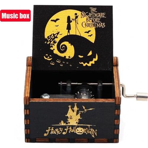 Antique Carved Wooden Hand Crank Music Box Halloween Pirates of the Carib Theme Birthday Christmas New Year Gift Box Home Decor