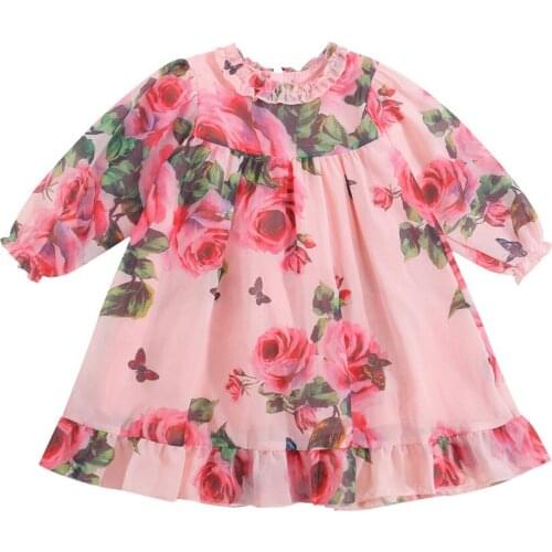 2021 0-6Y Kids Baby Girls Sweet Dress Spring Fall New Rose Print Lace Mesh Ruffle Long Sleeve A-line Dress