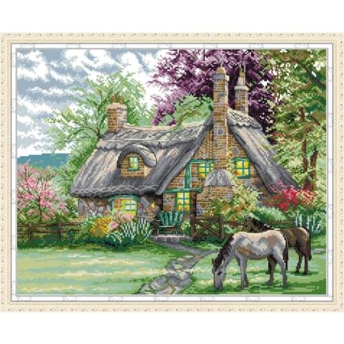 DIY Flowers Villa Beautiful Scenery Embroidery Cross Stitch Kit 11CT 14CT Canvas Printing Needle and Thread Set Home Decor Gift