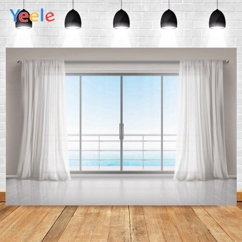 Yeele White House Curtains French Window Blue Sky And Sea Background Photophone Photography Backdrop for Decor Customized Size