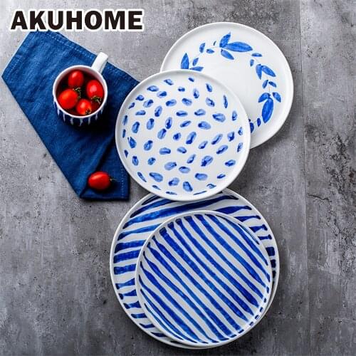 Blue Pattern Ceramic Salad Plate Simple And Creative Noodles Dish European Vegetables Dessert Dish AKUHOME