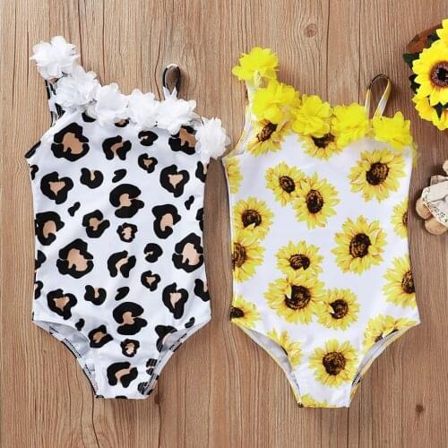 Toddler Kids Baby Girls Swimwear Sunflower Print Slash Neck Sleeveless Bikini Swimwear Bathing Suit Beachwear Piscina Infantil