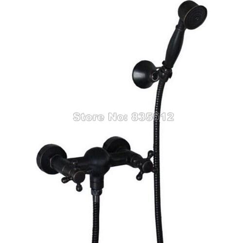 Black Oil Rubbed Brass Wall Mounted Dual Handles Shower Faucet + Handheld Shower Head Wtf016
