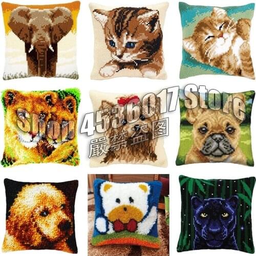 Cute Animal Cat Carpet Embroidery DIY Latch Hook Pillow Latch Hook Rug Kits Dogs 3D Segment Embroidery Pillow Wool Cross Stitch