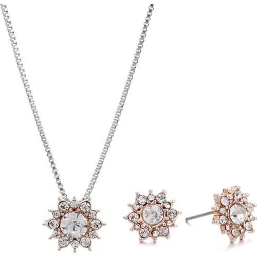 MIQIAO Gold Plated Snow Luxury Zircon Crystal Flower Pendant Collar Necklace Piercing Earring Jewelry Set for Women Wedding Gift