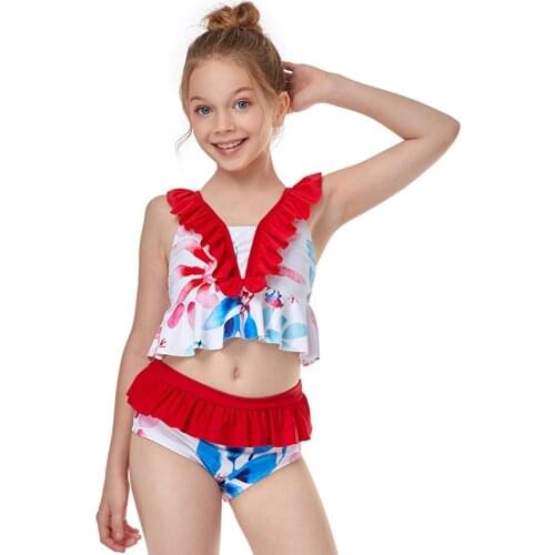 2021 New kids' Ruffle High Waist Broken Flowers High Elasticity Small Fresh Bikini European and American Split Girls' Swimsuit