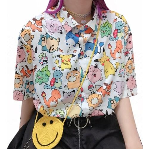 New Summer Kawaii Blouse Female Harajuku Cute Retro Cartoon Animal Print Blouses Female Loose Short Sleeve Women Shirt Tops