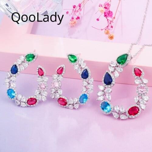 QooLady Gorgeous White Gold Colorful AAA Cubic Zirconia Stone Jewelry Set Earrings Necklace for Ladies Best Christmas Gift Z088