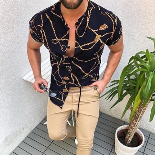 Summer Mens Short Sleeved Shirt Printed Stand Collar Loose Cardigan Single Breasted Shirt Casual Street Handsome Men Up Blouse
