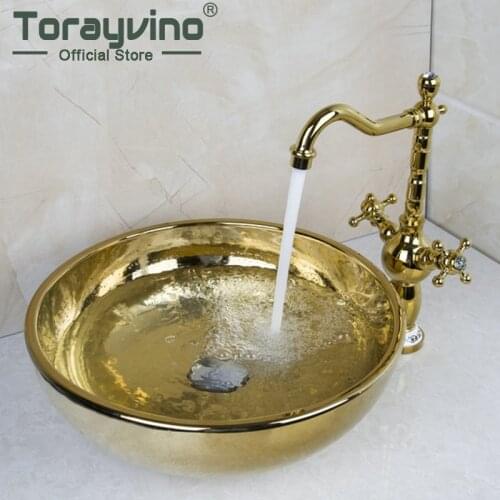 Torayvino Luxury Bathroom Faucet Round Gold Bowl Sinks Vessel Basins Washbasin Ceramic Basin Sink + Mixer Faucet Set
