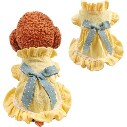 Yellow Pleated Summer Dress For Dogs Yellow Lace High Collar Dog Clothes Big Bowknot Tutu Dress For Ladies 2020 Pet Apparel 9562